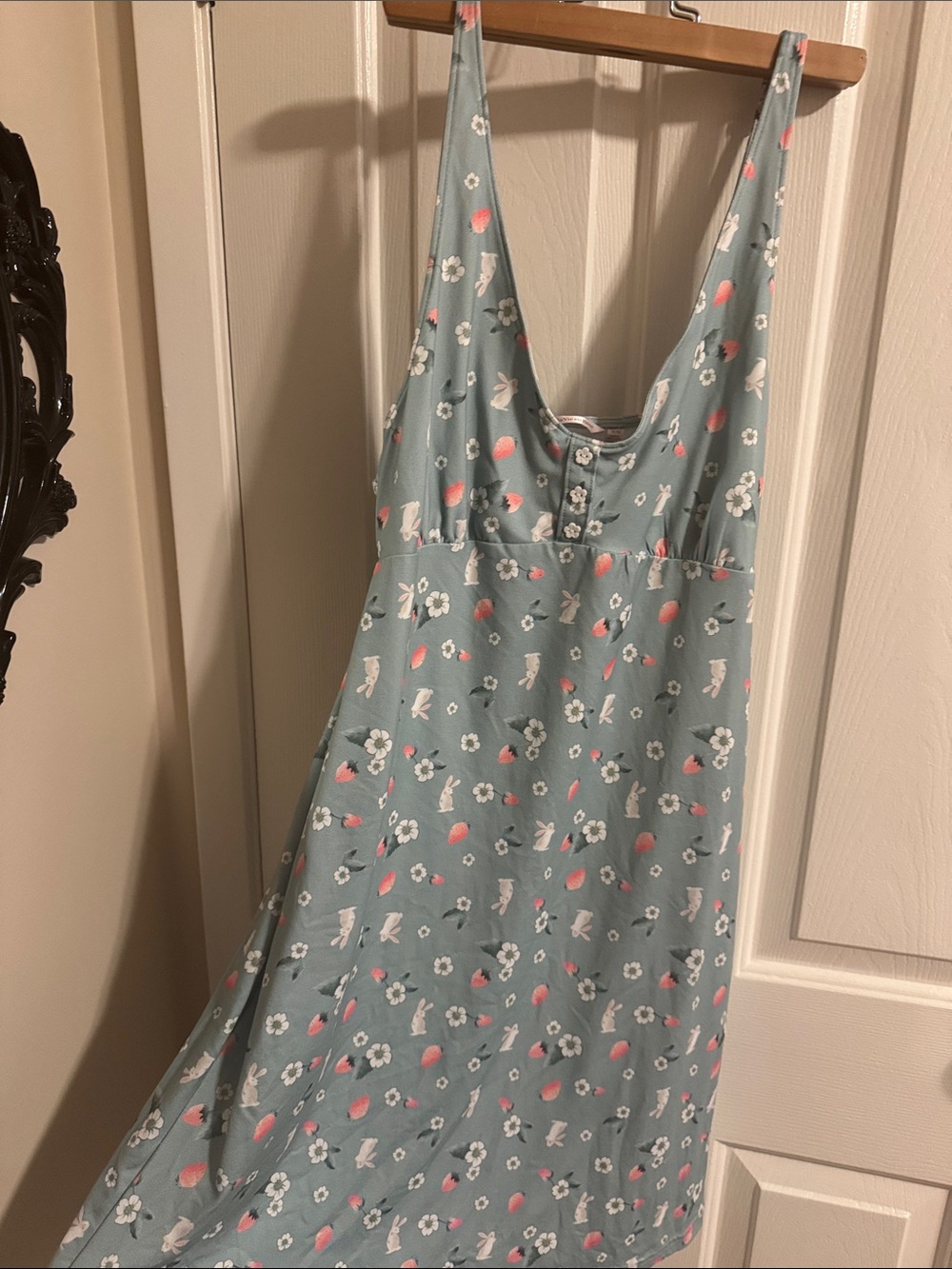 La Vie En Rose Sage Green Night Dress with Bunny & Strawberry Motif